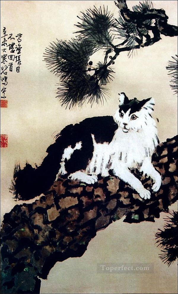 徐北紅猫の木の上の古い中国人油絵